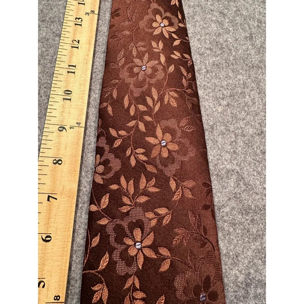 Valentino Mens Silk Tie Brown Floral Jacquard Woven Made in Italy Classic Width